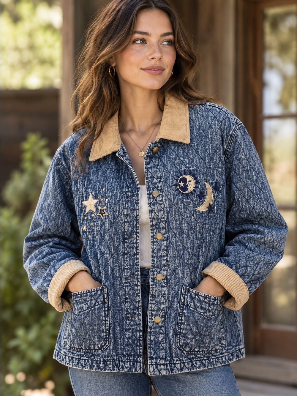 Vintage Quilted Denim Jacket Cream Corduroy Trim Celestial Moon Stars Embroidery